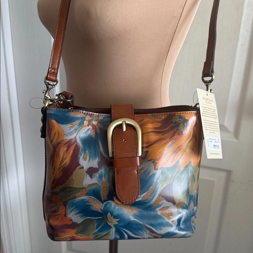 Patricia Nash Irving Bucket Handbag Leather Disstressed  Marigold Harvest Floral